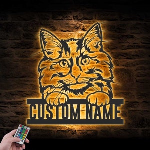 Letrero de metal personalizado con luz LED para pared, diseño de gato del Bosque Noruego que mira a escondidas, ideal para amantes de los gatos, decoración del hogar, regalo para niños y niñas.
