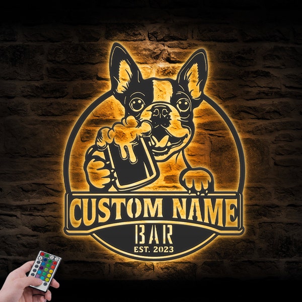 Custom Funny Boston Terrier Thirsty Beer Pub Metal Wall Art LED Light Personalized Beer Bar Name Sign Home Decor Dog Beer Lover Decoration