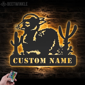 Custom Baby Alpaca Farmhouse Metal Wall Art LED Light Personalized Funny Llama Farm Name Sign Home Decor Camel Barn Nursery Decoration
