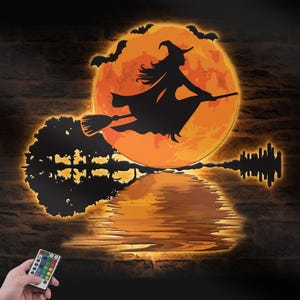 Witch On The Moon Metal Wooden Wall Art LED Light Moon Witch Guitar Sign Home Decor Halloween Decoration Birthday