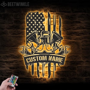 Custom US Flag Plumbing Tool Metal Wall Art LED Light Personalized American Plumber Name Sign Home Decor Repair Service Decoration Repairman
