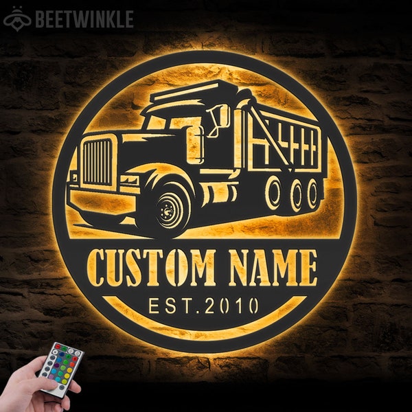 Custom Drump Truck Driver Metal Wall Art LED Light Personalized Trucker Name Sign Home Decor 18 Wheeler Decoration Birthday Xmas Dad Gift
