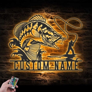 Custom Largemouth Bass Fishing Metal Wall Art LED Light Personalized Fisher Name Sign Home Decor Fish Jumping Decoration Birthay Dad Gift