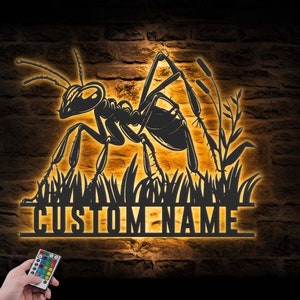 Arte de parede de metal personalizada para formigas, luz LED, placa de nome de entomologista personalizada, decoração para casa, berçário infantil, inauguração de casa, aniversário, natal