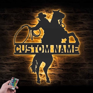 Custom Western Cowboy Roping Metal Wall Art LED Light Personalized Rodeo Tie Down Roper Name Sign Home Decor Cowboy Riding Horse Decoration