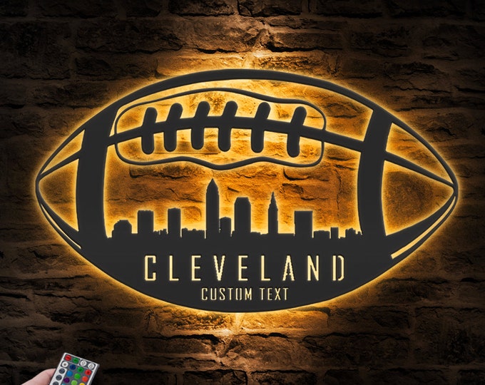 Custom Cleveland Skyline American Football Metal Wall Art LED Light Personalized Player Name Sign Home Decor Kid Nursery Decoration Birthday