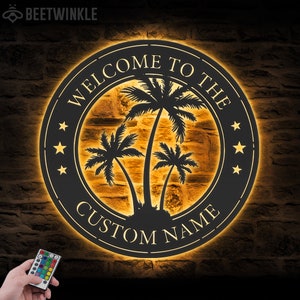 Custom Tropical Patio Backyard Sign Metal Wall Art Led Light Personalized Palm Tree Pool Name Sign Decoration Welcome Home Decor Oasis Tiki
