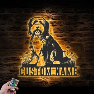 Custom Bearded Collie Metal Wall Art LED Light Personalized Dog Lover Name Sign Home Decor Pet Animal Kid Nursery Decoration Housewarming