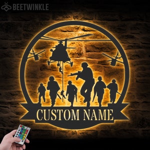 Custom US Soldier Helicopter Military Metal Wall Art LED Light Personalized American Army Name Sign Home Decor Veteran Patriotic Decoration