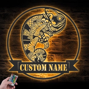 Custom Zentangle Chameleon Metal Wall Art LED Light Personalized Chameleon Lover Name Sign Home Decor Pet Animal Boy Girl Nursery Decoration