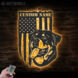 Custom Rottweiler US Flag Metal Wall Art LED Light Personalized Rottie Dog Lover Name Sign Home Decor Kid Nursery Decoration Birthday Xmas