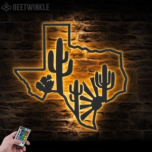 Kakteen Wüste Texas Karte Metall Wandkunst LED Licht Texas Zustandschild Wohnkultur Born in Texas Dekoration Kaktus Wüstenlandschaft Einweihungsparty