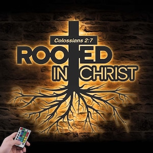 Rooted In Christ Metal Wall Art LED Light Christian Sign Home Decor God Faith Decoration Religious Lord Cross Jesus Housewarming Christmas