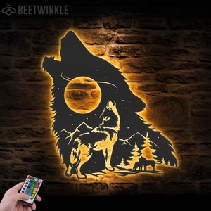 Wolf On The Moon Metal Wall Art LED Light Howling Wolf Sign Home Decor Kid Boy Girl Nursery Decoration Christmas