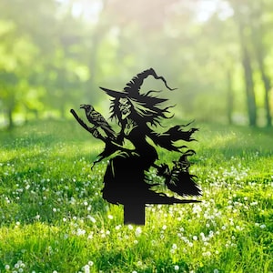 Witch on Broomstick Metal Garden Stake Halloween Metal Yard Art Sign Witch with Black Cat and Crow Outdoor Decor Witch Garden Stake