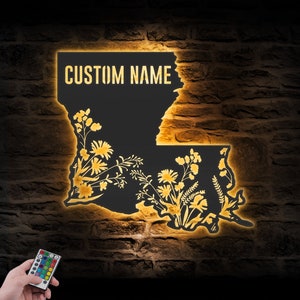 Arte de pared de metal con luz LED y mapa de flores silvestres personalizado de Luisiana, letrero con nombre, decoración del hogar, decoración floral, Navidad