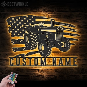 Custom US Tractor Driver Metal Wall Art LED Light Personalized Farm Tractor Name Sign Home Decor Farm Truck Decoration Birthday Christmas