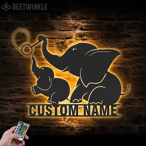 Custom Mom Baby Elephant Metal Wall Art LED Light Personalized Family Father Son Elephant Lover Name Sign Home Decor Kid Nursery Decoration