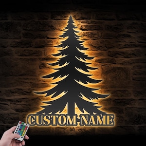 Decorazione da parete in metallo con albero di pino Wispy personalizzato, luce a LED, cartello con nome personalizzato, decorazione per la casa, decorazione per cabina di benvenuto, compleanno, Natale
