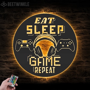 Eat Sleep Game Repeat Metal Wall Art LED Light Gamer Sign Home Decor Video Game Controller Zone Decoration Housewarming Birthday Christmas