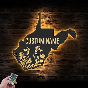 Custom Wild Flower West Virginia State Metal Wall Art LED Light Personalized Wildflower Map Name Sign Home Decor Floral Decoration Christmas