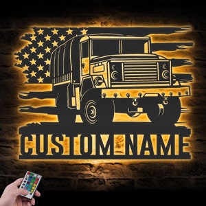 Custom US Army Transport Metal Wall Art LED Light Personalized Military Vehicle Driver Name Sign Garage Decor Mechanic Repair Decoration