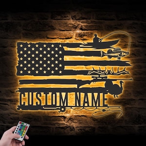 Custom Deer Turkey And Walleye Fishing US Flag Metal Wall Art LED Light Personalized Hunter Name Sign Home Decor Cabin Decoration Birthday