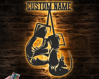 Custom Boxing Gloves Metal Wall Art with LED Light Personalized Boxer Name Sign Home Decor Gym Room Decoration Man Cave Christmas Birthday