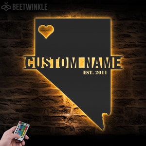 Carte personnalisée du Nevada, art mural en métal, lumière LED, nom personnalisé de l'état du Nevada, décoration d'intérieur, né au Nevada, décoration de Noël, pendaison de crémaillère, Noël