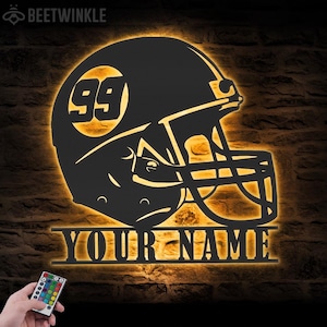 Custom Helmet American Football Metal Wall Art LED Light Personalized Player Name Sign Home Decor Kid Nursery Decoration Birthday Xmas Gift