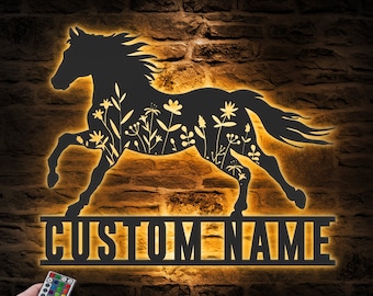 Custom Floral Horse Farmhouse Metal Wall Art LED Light Personalized Horse Flower Name Sign Home Decor Horse Barn Nursery Decoration Birthday