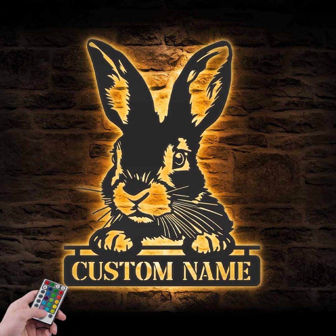 Custom Peeking Rabbit Farmhouse Metal Wall Art LED Light Personalized ...