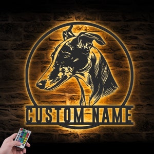 Custom Greyhound Metal Wall Art LED Light Personalized Dog Lover Name Sign Home Decor Pet Animal Nursery Decoration Birthday Housewarming
