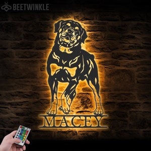 Custom Rottweiler Metal Wall Art LED Light Personalized Dog Lover Name Sign Home Decor Kids Nursery Pet Decoration Birthday Christmas Gift