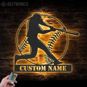 Custom Baseball Metal Wall Art LED Light Personalized Softball Player Name Sign Home Decor Kid Nursery Decoration Birthday Xmas Gifts