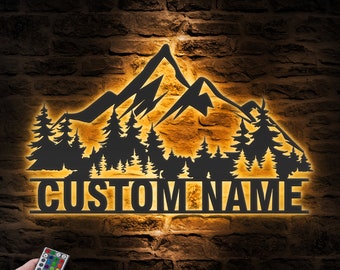 Custom Nature Mountain Forest Metal Wall Art LED Light Personalized Hill Tree Large Adventure Name Sign Hiking Decor Camper Hiker Decoration