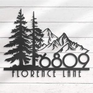 Custom Mountain Wispy Pine Tree House Number Metal Address Sign Personalized Cedar Tree Home Number With Street Name Hanging Front Door