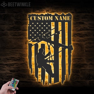 Custom US Lineman Metal Wall Art LED Light Personalized Electrical Worker Name Sign Home Decor Electrician Decoration Birthday Christmas