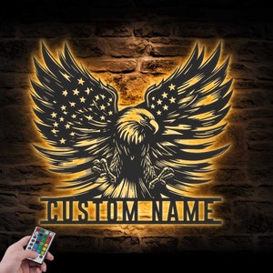 Custom American Eagle US Flag Metal Wall Art LED Light Personalized Bald Eagle Name Sign Home Decor Nursery Decoration Housewarming Birthday