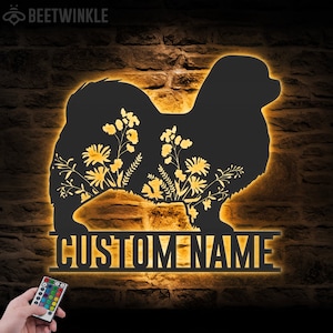 Custom FLoral Tibetan Spaniel Metal Wall Art LED Light Personalized Wild Flower Dog Lover Name Sign Home Decor Pet Animal Decoration Xmas