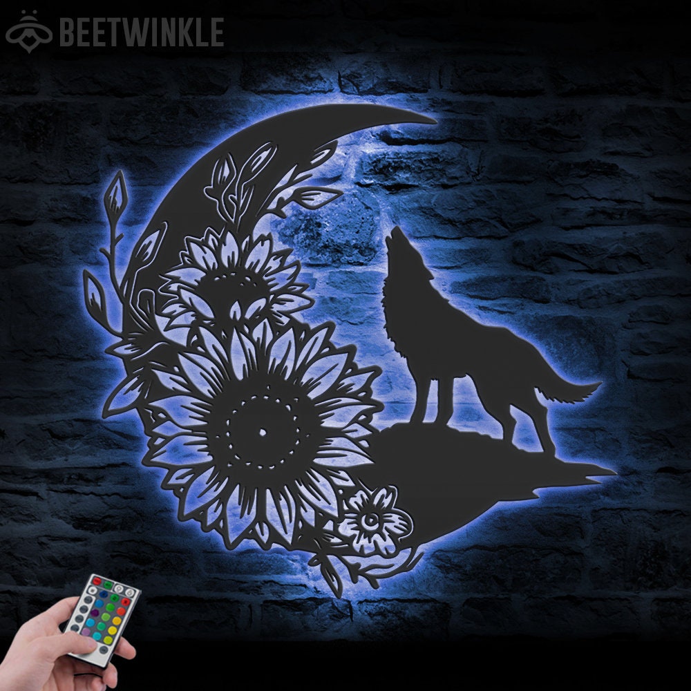 Floral Wolf on the Srescent Moon Sunflower Metal Wall Art LED