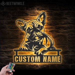 Custom French Bulldog Metal Wall Art LED Light Personalized Peeking Face Frenchie Dog Lover Name Sign Home Decor Kid Nursery Pet Decoration