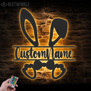 Custom Boy Easter Rabbit Metal Wall Art LED Light Personalized Bunny Easter Name Sign Decor Kid Nursery Decoration Happy Easter Gift