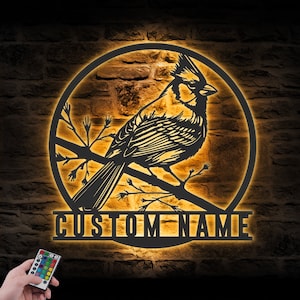 Custom Cardinal Metal Wall Art LED Light Personalized Passerine Bird Lover Name Sign Home Decor Pet Bird Nursery Decoration Housewarming