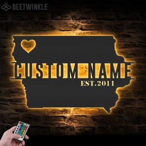 Benutzerdefinierte Iowa Karte Metall Wandkunst LED-Lichter Personalisierte Iowa Zustand Name Schild Wohnkultur Geboren in Iowa Dekoration Housewarming Weihnachten Geburtstag