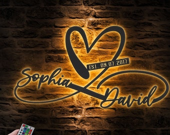 Custom Name And Date Metal Wall Art LED Light Personalized Heart And Infinity Name Sign Home Decor Wedding Love Valentine Day Decoration