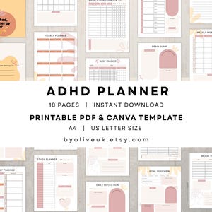 Op de afbeelding: Een ADHD-planner met 18 pagina's, direct te downloaden. De afdrukbare PDF- en Canva-sjabloon is beschikbaar in A4- en US Letter-formaten. De planner bevat secties voor jaarplanning, slaaptracking en stemmingsregistratie. Het ontwerp heeft een zacht kleurenpalet.