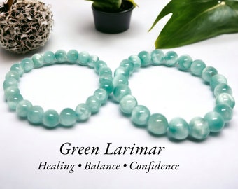 Green Larimar Bracelet Round Various Size Handmade - Natural Gemstone Crystal Bracelets - 6.5"-7" Elastic Crystal Bracelet