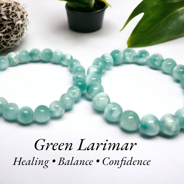 Green Larimar Bracelet Round Various Size Handmade - Natural Gemstone Crystal Bracelets - 6.5"-7" Elastic Crystal Bracelet