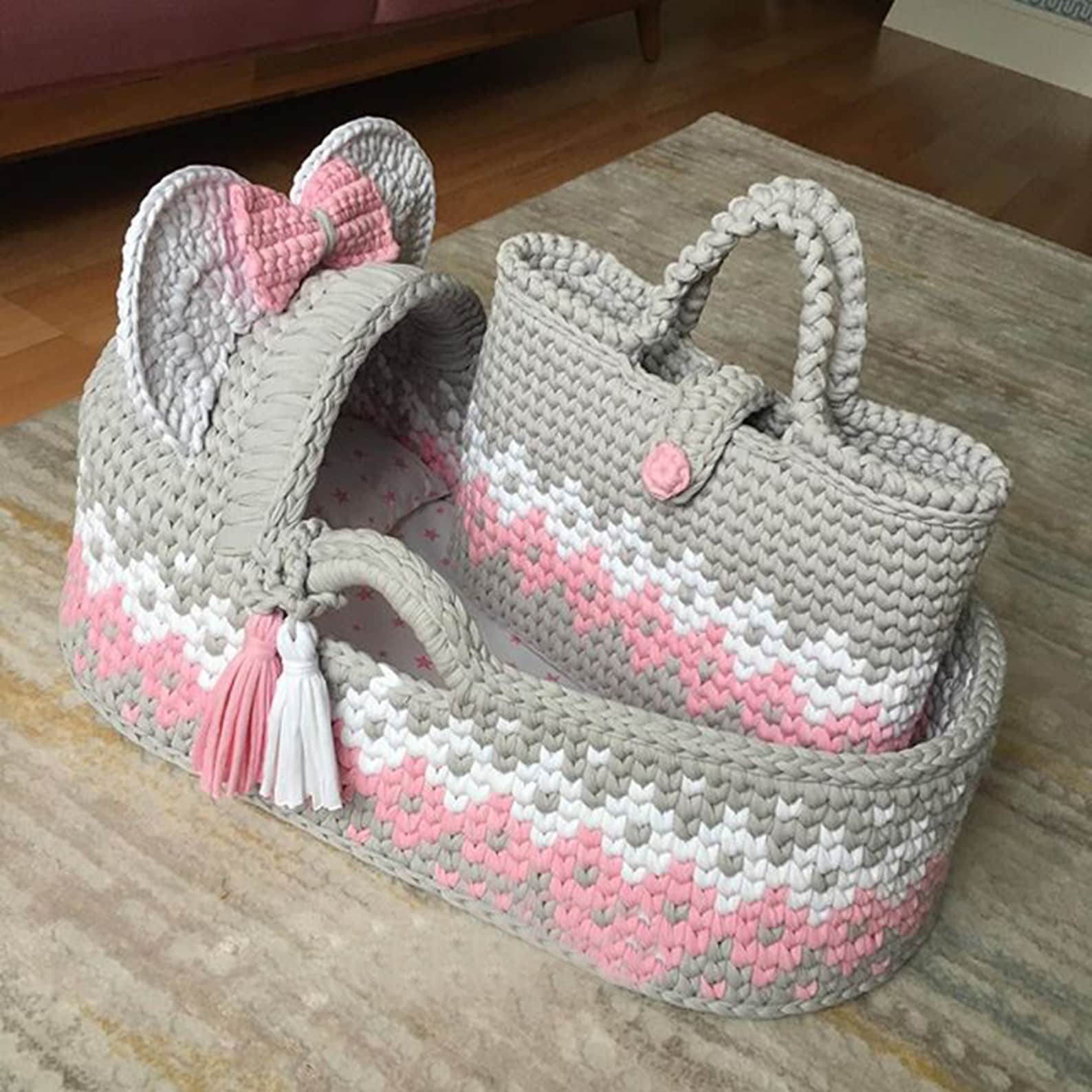 Luxury Baby moses basket Crochet moses basket with lether Etsy